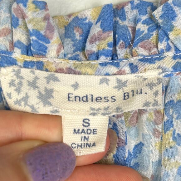 Endless Blu Tiered Ruffle 3/4 Sleeve Dress Tie Neck Blue Floral Tie Neck Mini S - Picture 12 of 13